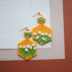 handmade polymer clay earrings with delicate floral white daisy flowers - unusual art ethnic jewelry stud for women