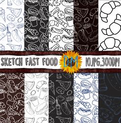 sketch fast food seamless pattern, street food set for scrapbooking and crafting, sketch, design, outline, draft,