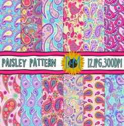 bright paisley seamless patterns, hand drawn paisley digital paper set for scrapbooking and crafting, floral background