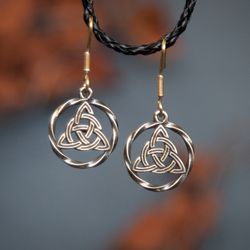 pagan triquetra handcrafted earrings. traditional viking symbol. trinity knot jewelry. celtic sacred sign.