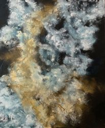 abstract acrylic painting clouds white and gold  sky painting. 50x60cm