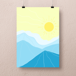 minimalist landscape print art yellow sun sky blue mountains flat digital interior painting