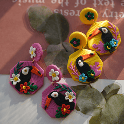 fun toucans parrot floral jungle dangle handmade clay earrings - bright colors, big size. perfect gifts, parties