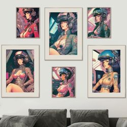 digital art, set of 6 prints, anime girl, posters, living room art, contemporary minimalist watercolor digital download
