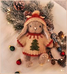 christmas bunny knitting pattern, stuffed knitted doll, animal toy pattern