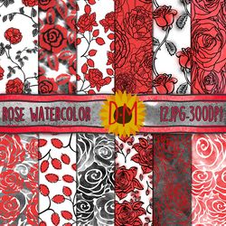 Red and Black flowers seamless patterns, 12 Watercolor Roses Digital Paper set for scrapbooking and crafting, floral