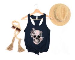 bloom skull womens tank, sugar skull art top gift for her, floral skull print boho graphic tee, flower skull tank top