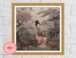 cross stitch pattern,anime scene,japanese girl,asian design,japanese art,instant download,geisha,printable