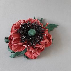 red poppy leather brooch 3rd anniversary gift for wife, leather women's jewelry