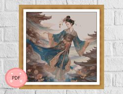 Asian Design Cross Stitch Pattern,Asian Girl In Traditional Cloths,Japanese Art,Instant Download,Oriental Women