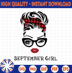 september girl svg, woman with glasses svg printable, girl with buffalo plaid bandana design, blink eyes png, september