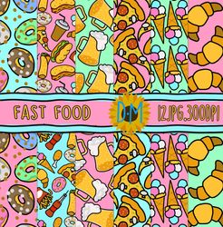 fast food seamless pattern, cartoon set for scrapbooking and crafting hot dog, burger, cola, pizza, donut, ice cream