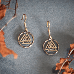 valknut handcrafted earrings. odin sacred sign jewelry. small triangle. pagan mascot.