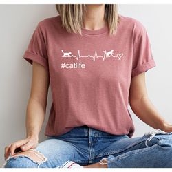 cat life heartbeat graphic tees for cat owner, cute cat shirts for cat mama, aesthetic cat mom gifts, cat sweatshirt gif