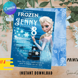 princess invitation party, frozen editable invitation, canva personalized printable and instant download