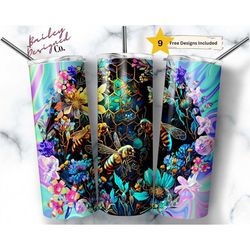 holographic stained glass bees 20 oz skinny tumbler sublimation design digital download png instant digital only, galaxy