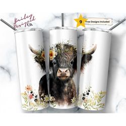 Baby Black Fur Highland Cow 20 oz Skinny Tumbler Sublimation Design Digital Download PNG Instant ONLY, Cute Floral Rusti