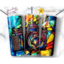 stained glass camera 20 oz skinny tumbler sublimation design digital download png instant digital only, photo shot tumbl