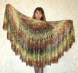 warm crochet russian shawl in autumn colors, handmade orenburg wool wrap, goat down stole, shoulder cape, lace kerchief