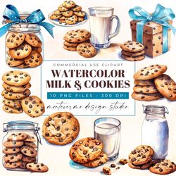 milk and cookies sublimation clipart, watercolor chocolate chip cookies and milk transparent png commercial use