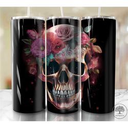 Skulls Roses Wallpaper Bright Tribal Colored 20 oz Skinny Tumbler Sublimation Design, Instant Digital Download PNG, Stra