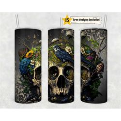 Gothic Skulls and Flowers 20 oz Skinny Tumbler Valentine Sublimation Design PNG Instant DIGITAL ONLY, Valentine Skeleton