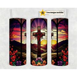 christian stained glass cross 20 oz skinny tumbler sublimation design digital download png instant digital only, bible t