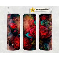 Alcohol Ink Red Roses 20 oz Skinny Tumbler Sublimation Design Digital Download PNG Instant DIGITAL ONLY, Glitter Print W
