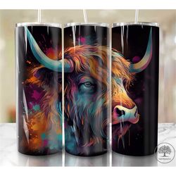 Watercolor Highland Cow 20oz Sublimation Tumbler Designs, Colorful 9.2 x 8.3 Straight Skinny Tumbler Wrap PNG, Sublimati