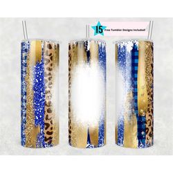 20oz skinny tumbler blank blue gold leopard glitter sublimation design templates, sparkly, straight png digital download