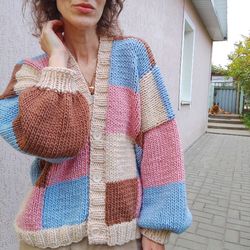 handmade oversized pink patchwork colorblock cardigan - unique, cozy merino wool blend