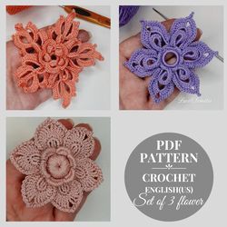 set of 3 crochet flowers pattern, irish lace crochet flower, crochet motif, crochet pattern pdf, crochet tutorial pdf.