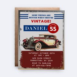 classic car party themed, classic car birthday themed, classic car invitation, classic car invite