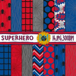 superhero digital paper set, 14 spider seamless patterns for scrapbooking and crafting, spiderboy background