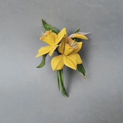 yellow daffodils leather brooch 3rd anniversary gift for wife, leather women's jewelry, art.13