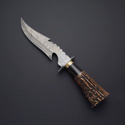 custom made hand crafted damascus steel stag horn blade with leather sheath, gift for him