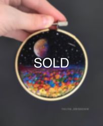 embroidered & needle felted space painting, tiny thread painting, outer space artwork