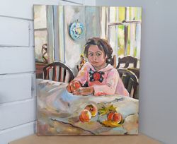 girl with peaches oil painting on stretched canvas copy still life wall art 16x20 inch impasto