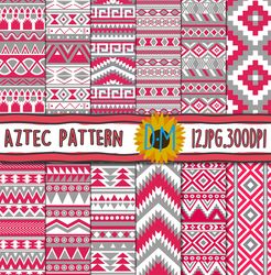 pink gray aztec digital paper set, 12 aztec seamless patterns for scrapbooking and crafting, tribal, geometric
