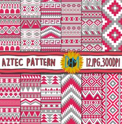 Pink Gray Aztec Digital Paper set, 12 Aztec seamless patterns for scrapbooking and crafting, tribal, geometric