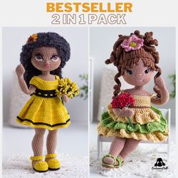 bestseller crochet doll pattern bundle 2 in 1 - crochet doll patterns, amigurumi doll base pattern with clothes