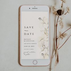 electronic save the date template, boho text message save the date template, white flowers save the date, digital evite