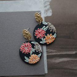 black dark delicate floral pattern vintage ethnic bright daisy polymer clay stud earrings - perfect for parties