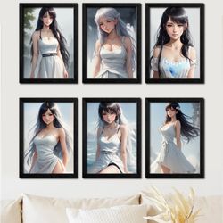 digital art, set of 6 prints, anime girl, posters, living room art, contemporary minimalist watercolor digital download