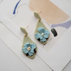 handmade delicate vintage teardrop big size flower dangle polymer clay stud earrings - perfect for parties daily wear