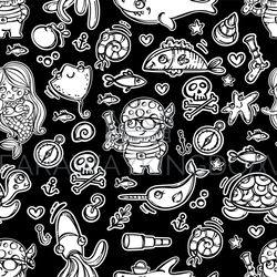 pirate and mermaid monochrome cartoon seamless pattern vector