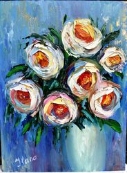 white flowers in a vase, impasto oil painting.