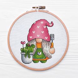 garden gnome cross stitch pattern pdf, cactus cross stitch, funny spring dwarf, small kawaii embroidery, mini gnome