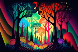 psychedelic forest, colorful art, bright.