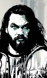 portrait of jason momoa, black and white, ink-bleed style.